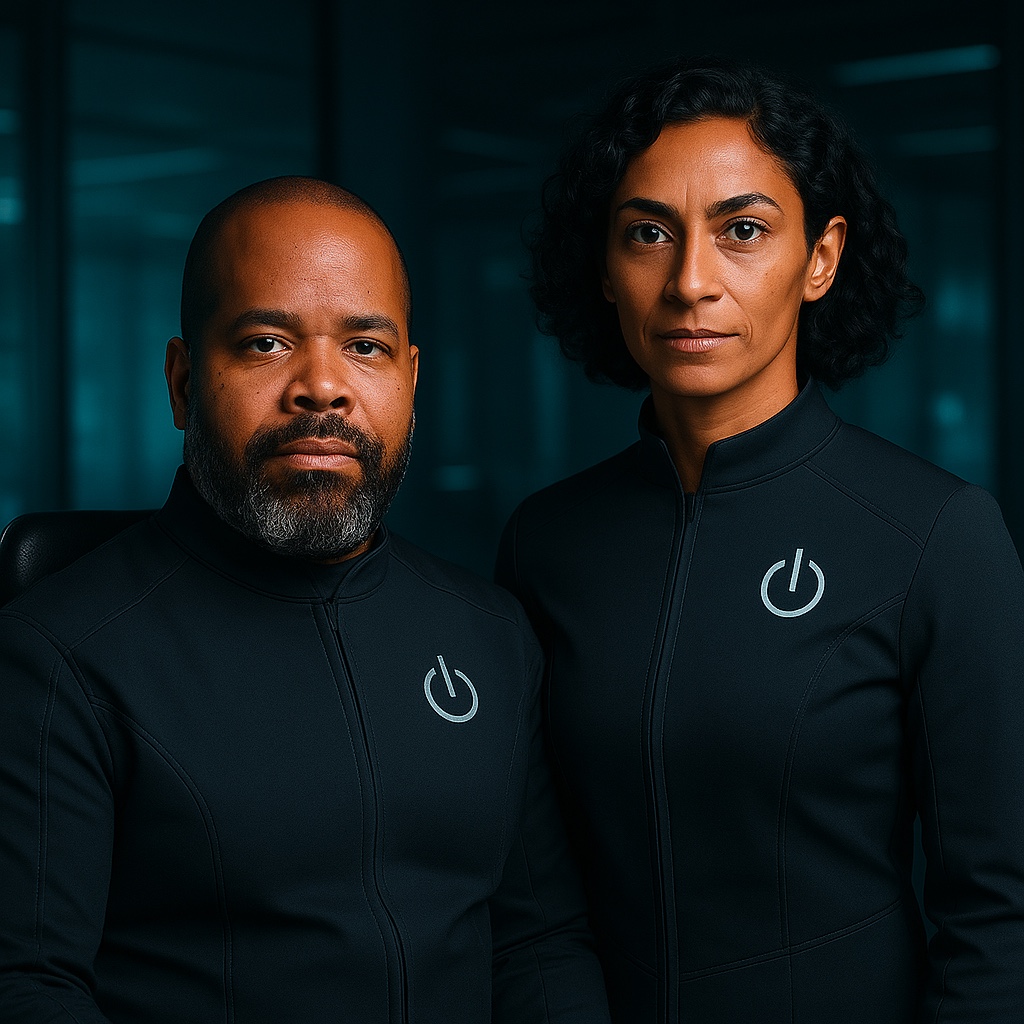 Concept artwork showing Stewart beside a woman in dark AP44 attire